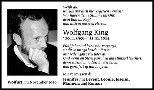 Todesanzeige von Wolfgang King von Vorarlberger Nachrichten