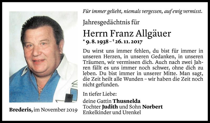  Todesanzeige für Franz Allgäuer vom 25.11.2019 aus Vorarlberger Nachrichten