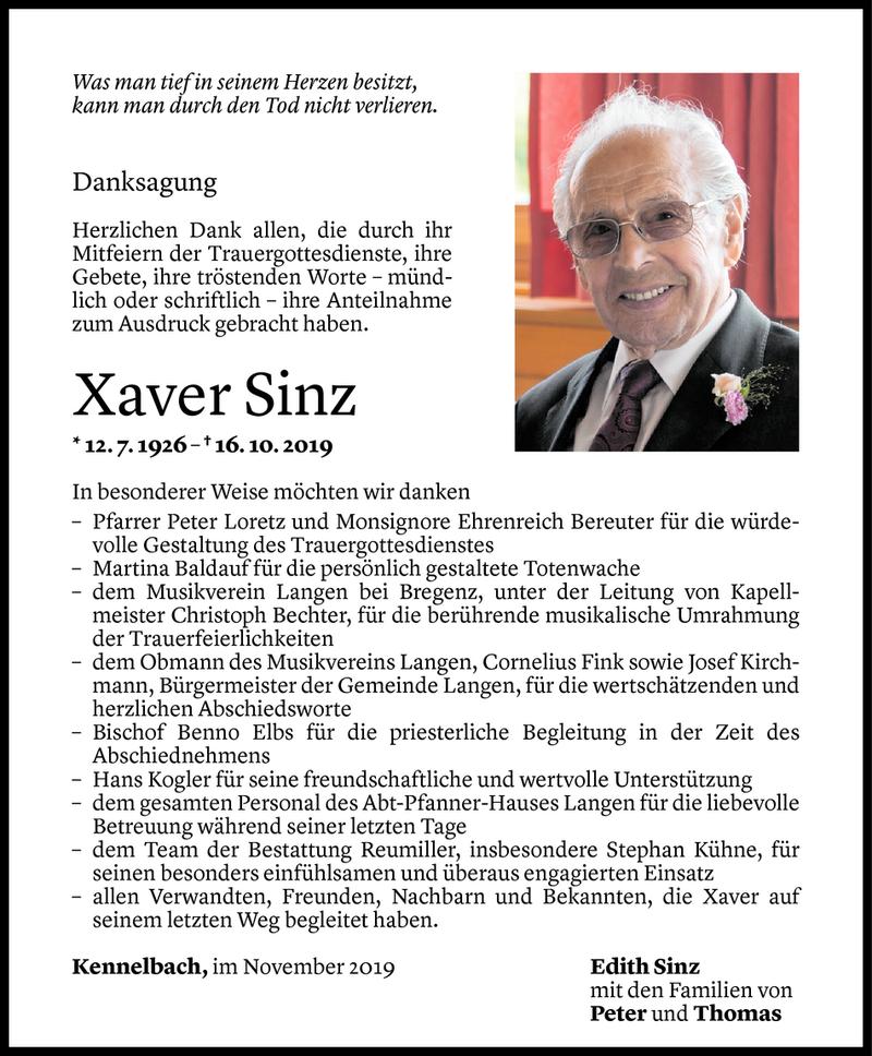  Todesanzeige für Xaver Sinz vom 22.11.2019 aus Vorarlberger Nachrichten