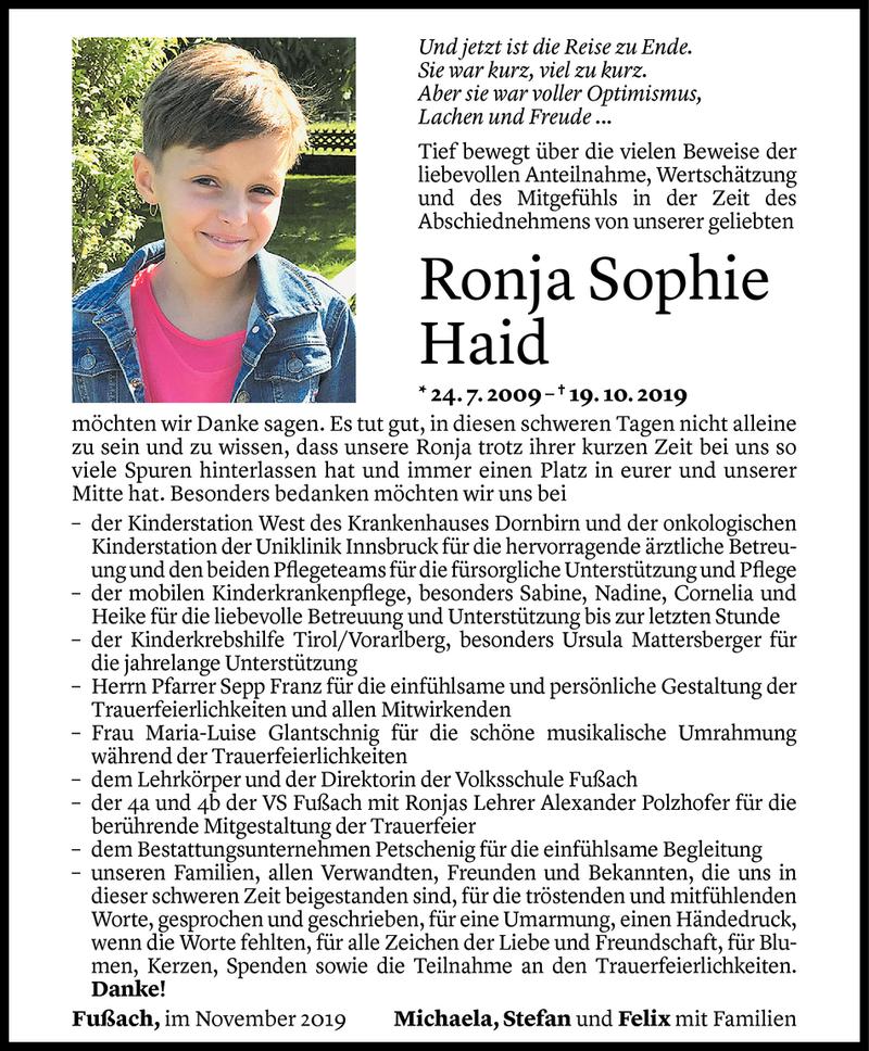  Todesanzeige für Ronja Sophie Haid vom 22.11.2019 aus Vorarlberger Nachrichten
