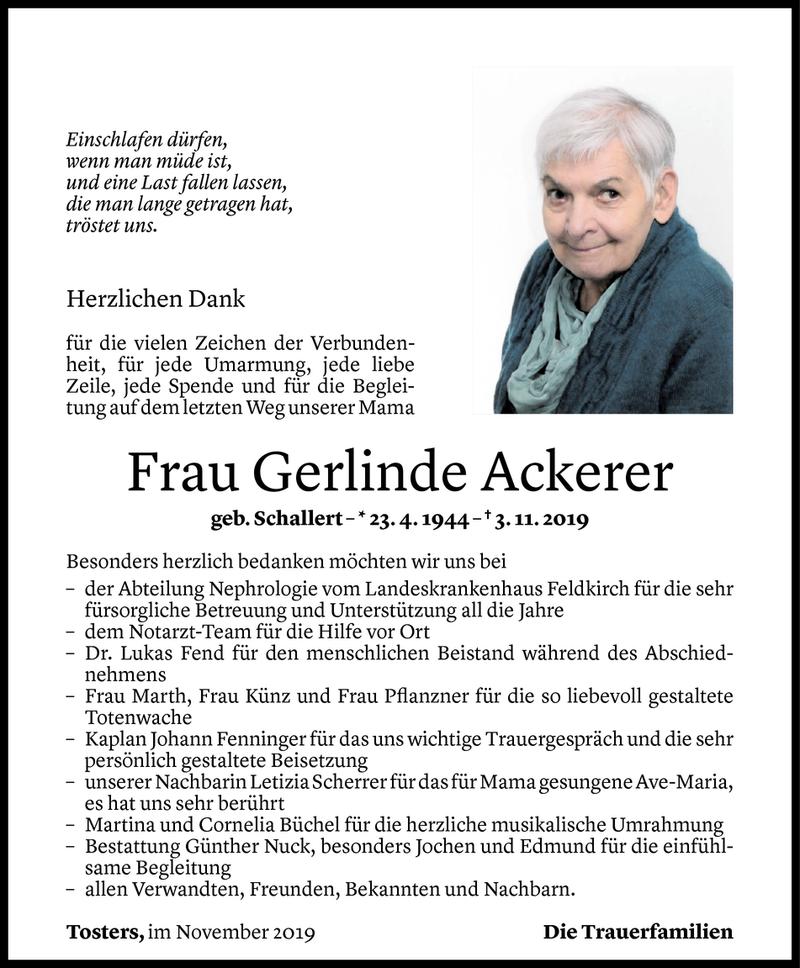  Todesanzeige für Gerlinde Ackerer vom 22.11.2019 aus Vorarlberger Nachrichten