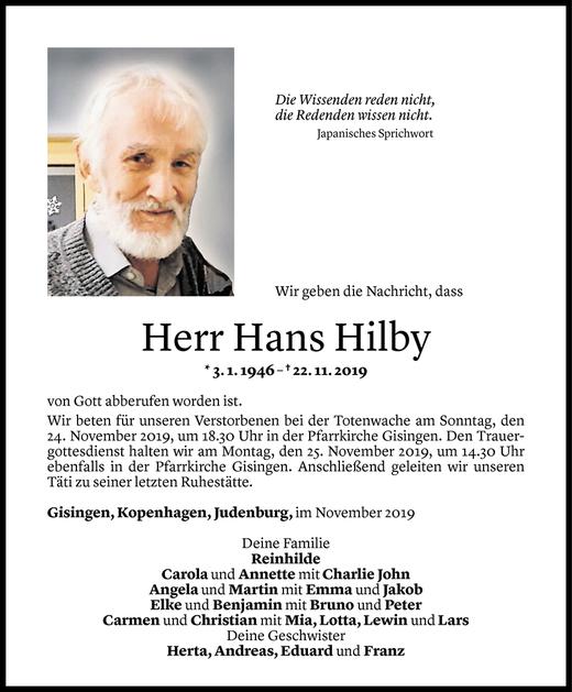 Todesanzeige von Hans Hilby von Vorarlberger Nachrichten