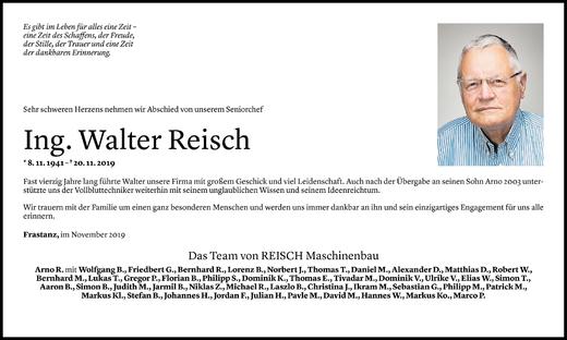 Todesanzeige von Walter Reisch von Vorarlberger Nachrichten