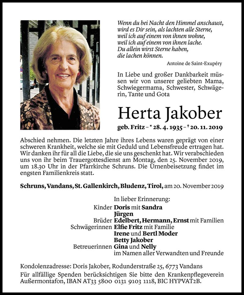  Todesanzeige für Herta Jakober vom 22.11.2019 aus Vorarlberger Nachrichten