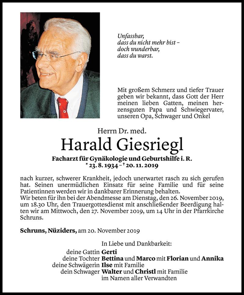  Todesanzeige für Harald Giesriegl vom 22.11.2019 aus Vorarlberger Nachrichten