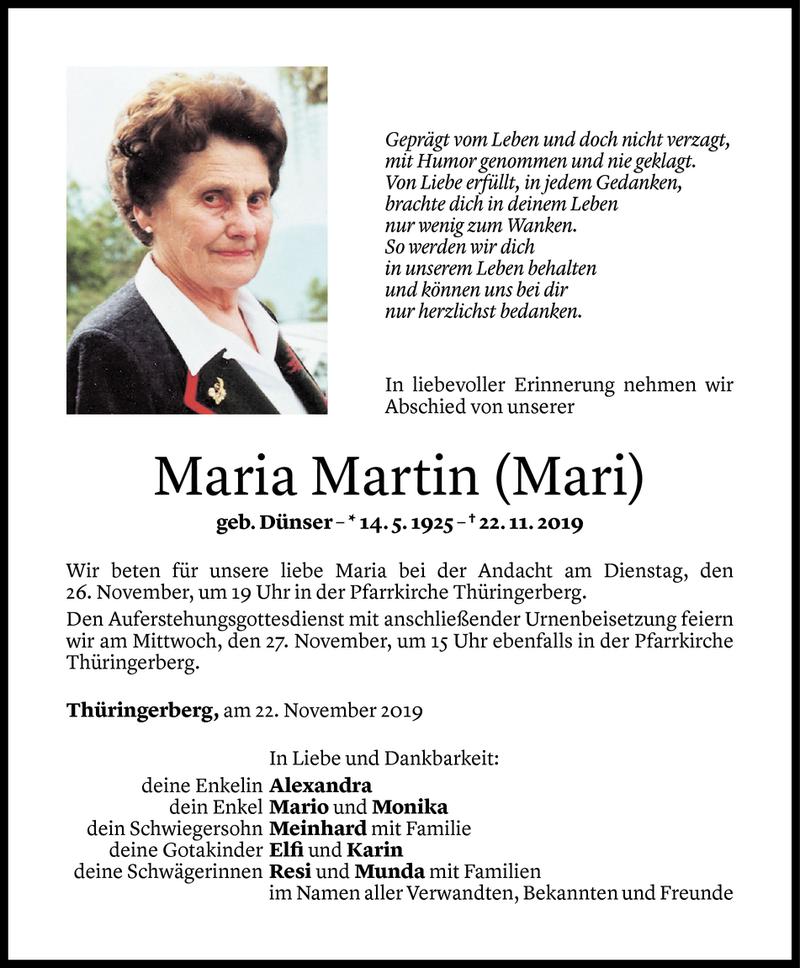  Todesanzeige für Maria Martin vom 24.11.2019 aus Vorarlberger Nachrichten