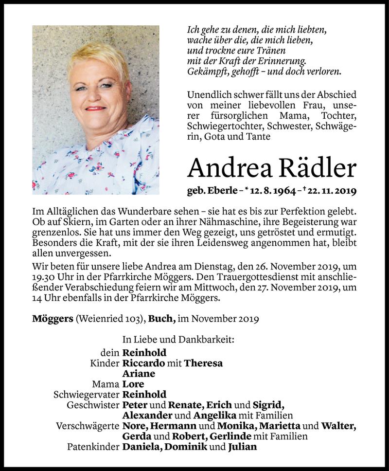  Todesanzeige für Andrea Rädler vom 24.11.2019 aus Vorarlberger Nachrichten