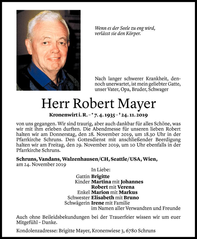 Todesanzeige für Robert Mayer vom 25.11.2019 aus Vorarlberger Nachrichten