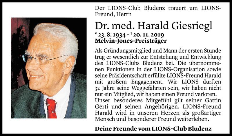  Todesanzeige für Harald Giesriegl vom 25.11.2019 aus Vorarlberger Nachrichten