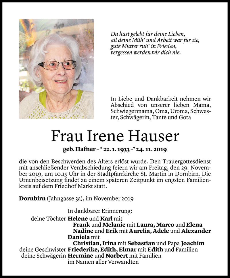  Todesanzeige für Irene Hauser vom 26.11.2019 aus Vorarlberger Nachrichten