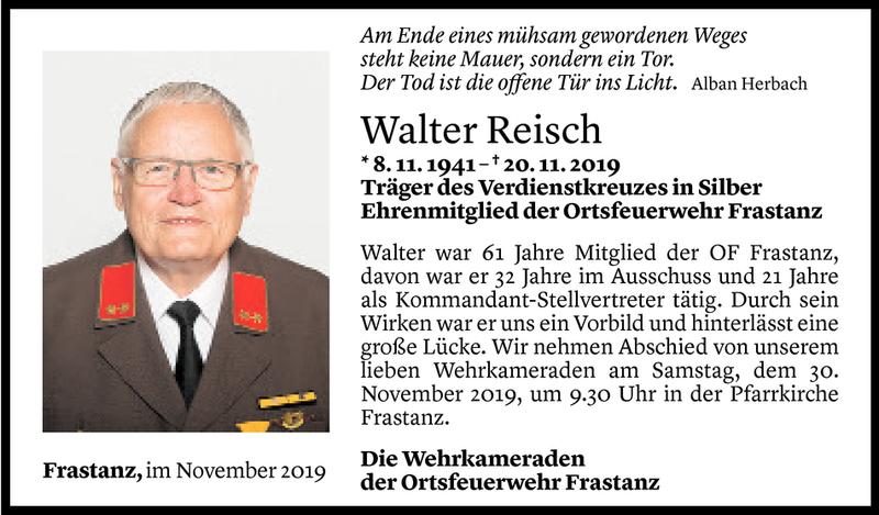  Todesanzeige für Walter Reisch vom 26.11.2019 aus Vorarlberger Nachrichten