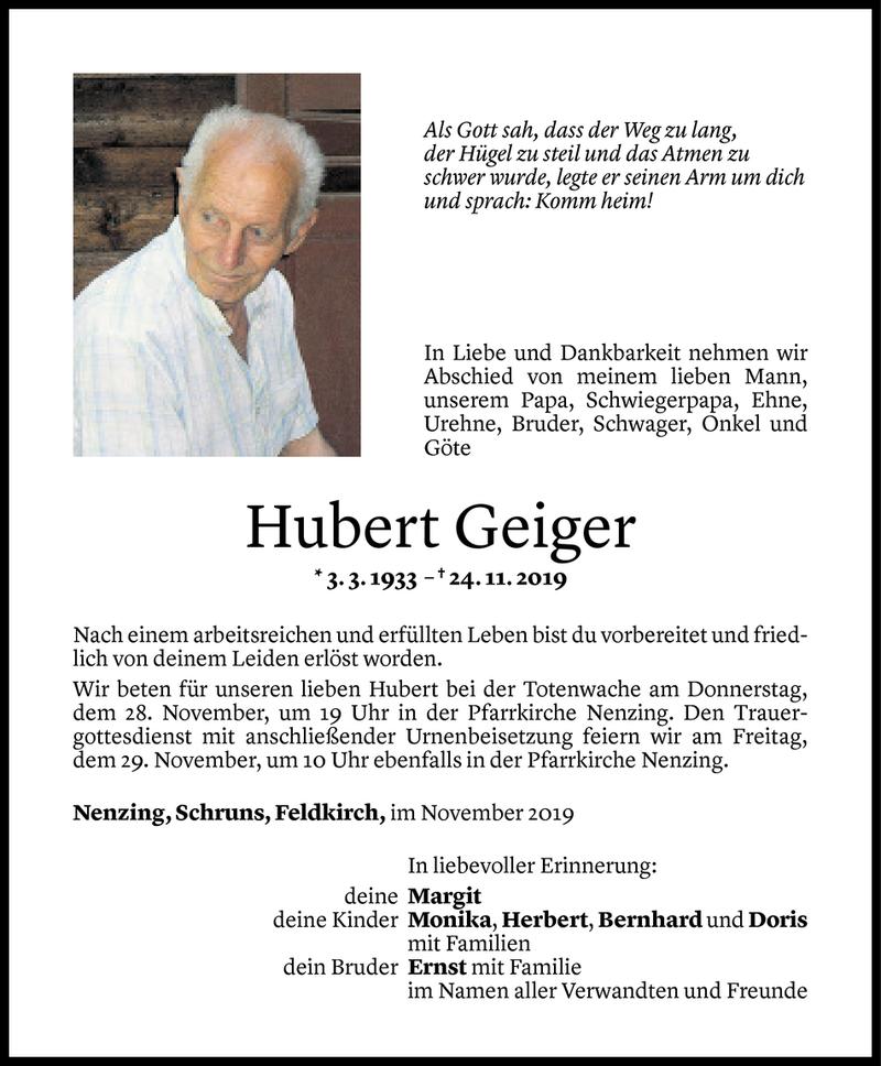  Todesanzeige für Hubert Geiger vom 26.11.2019 aus Vorarlberger Nachrichten