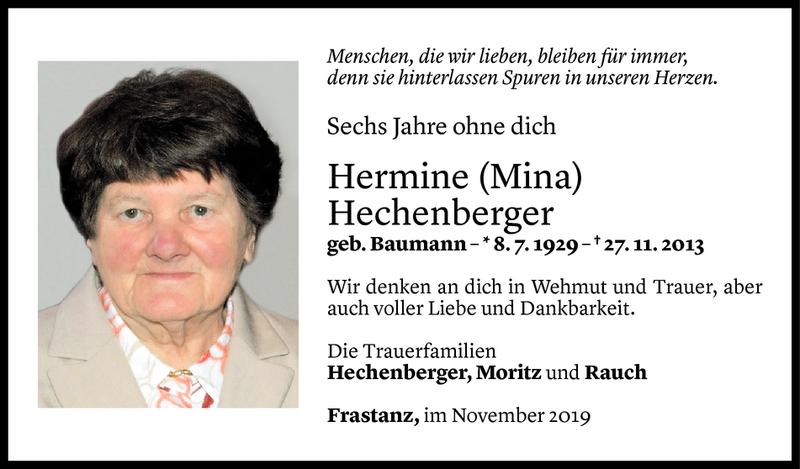  Todesanzeige für Hermine Hechenberger vom 26.11.2019 aus Vorarlberger Nachrichten