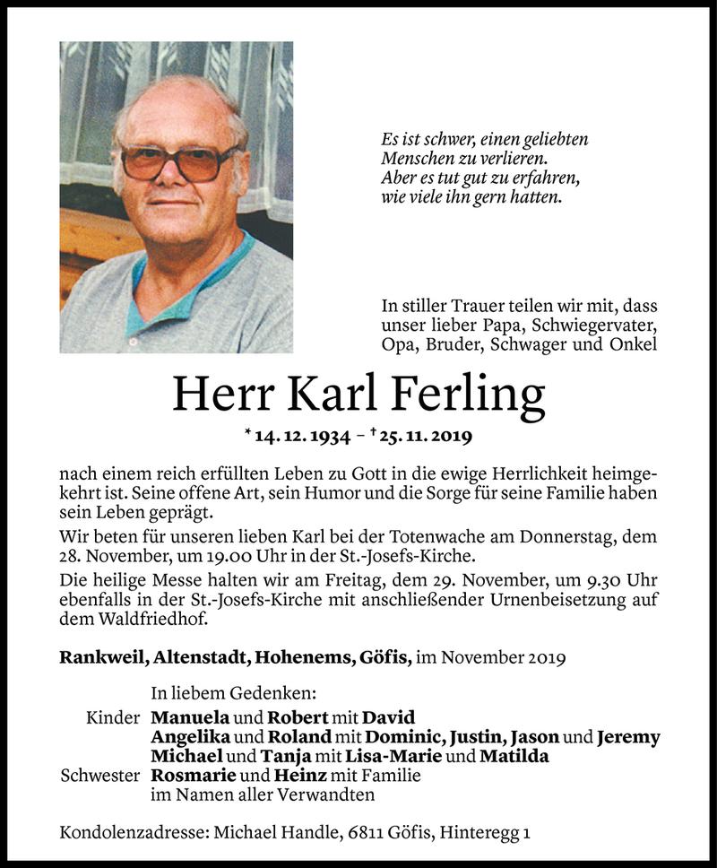  Todesanzeige für Karl Ferling vom 27.11.2019 aus Vorarlberger Nachrichten