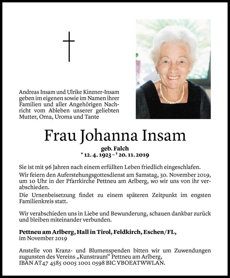  Todesanzeige für Johanna Insam vom 26.11.2019 aus Vorarlberger Nachrichten