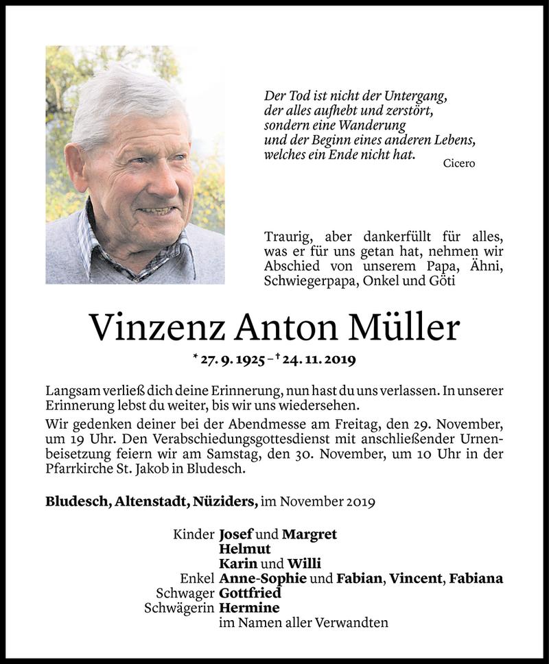  Todesanzeige für Vinzenz Anton Müller vom 26.11.2019 aus Vorarlberger Nachrichten