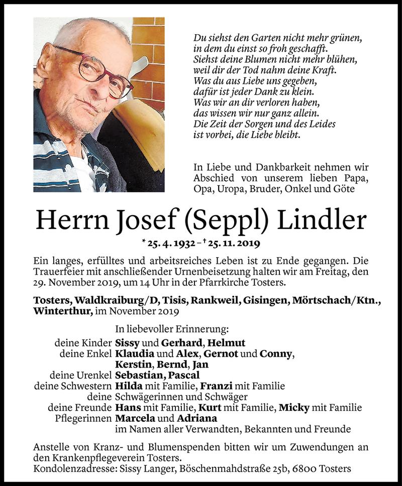  Todesanzeige für Josef Lindler vom 26.11.2019 aus Vorarlberger Nachrichten
