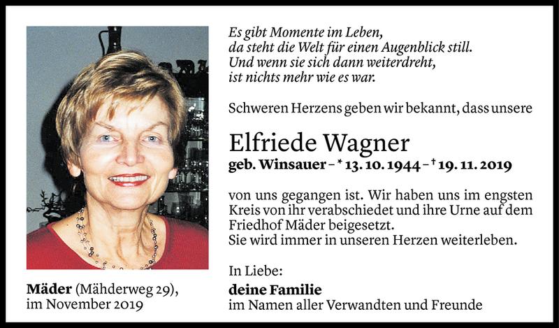  Todesanzeige für Elfriede Wagner vom 28.11.2019 aus Vorarlberger Nachrichten