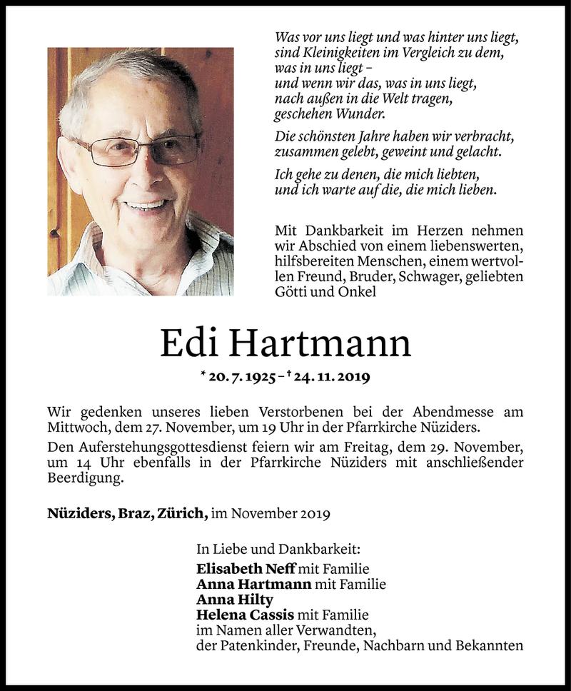  Todesanzeige für Edi Hartmann vom 27.11.2019 aus Vorarlberger Nachrichten
