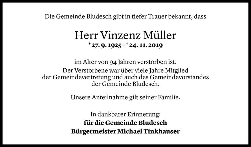  Todesanzeige für Vinzenz Anton Müller vom 26.11.2019 aus Vorarlberger Nachrichten