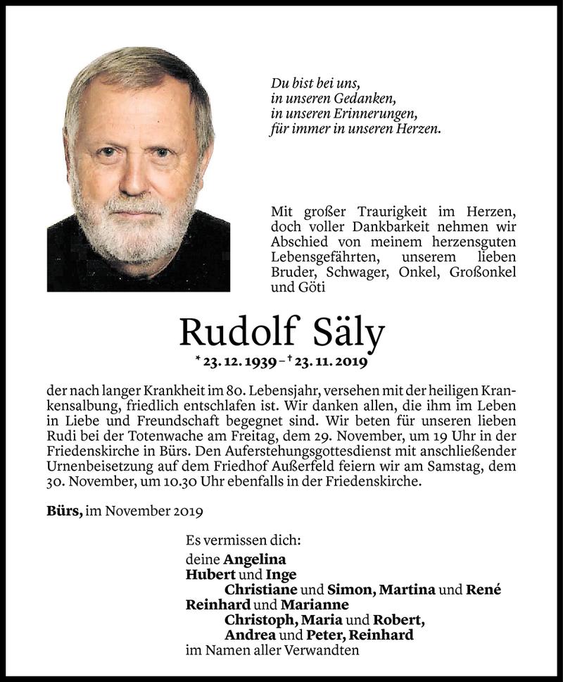  Todesanzeige für Rudolf Säly vom 28.11.2019 aus Vorarlberger Nachrichten