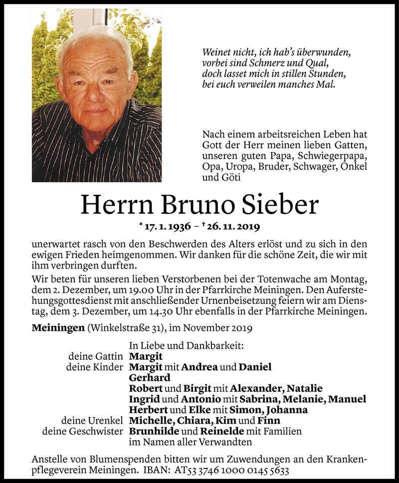  Todesanzeige für Bruno Sieber vom 29.11.2019 aus Vorarlberger Nachrichten
