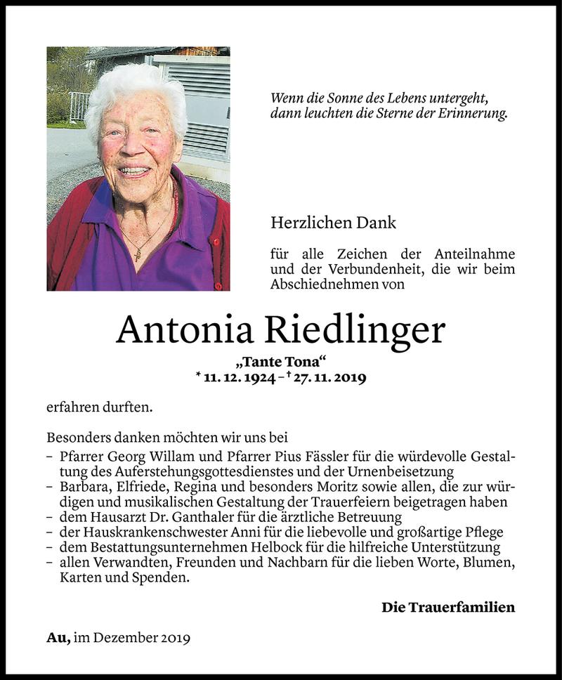  Todesanzeige für Antonia Riedlinger vom 27.11.2019 aus Vorarlberger Nachrichten