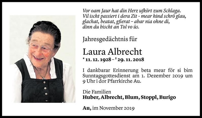  Todesanzeige für Laura Albrecht vom 28.11.2019 aus Vorarlberger Nachrichten