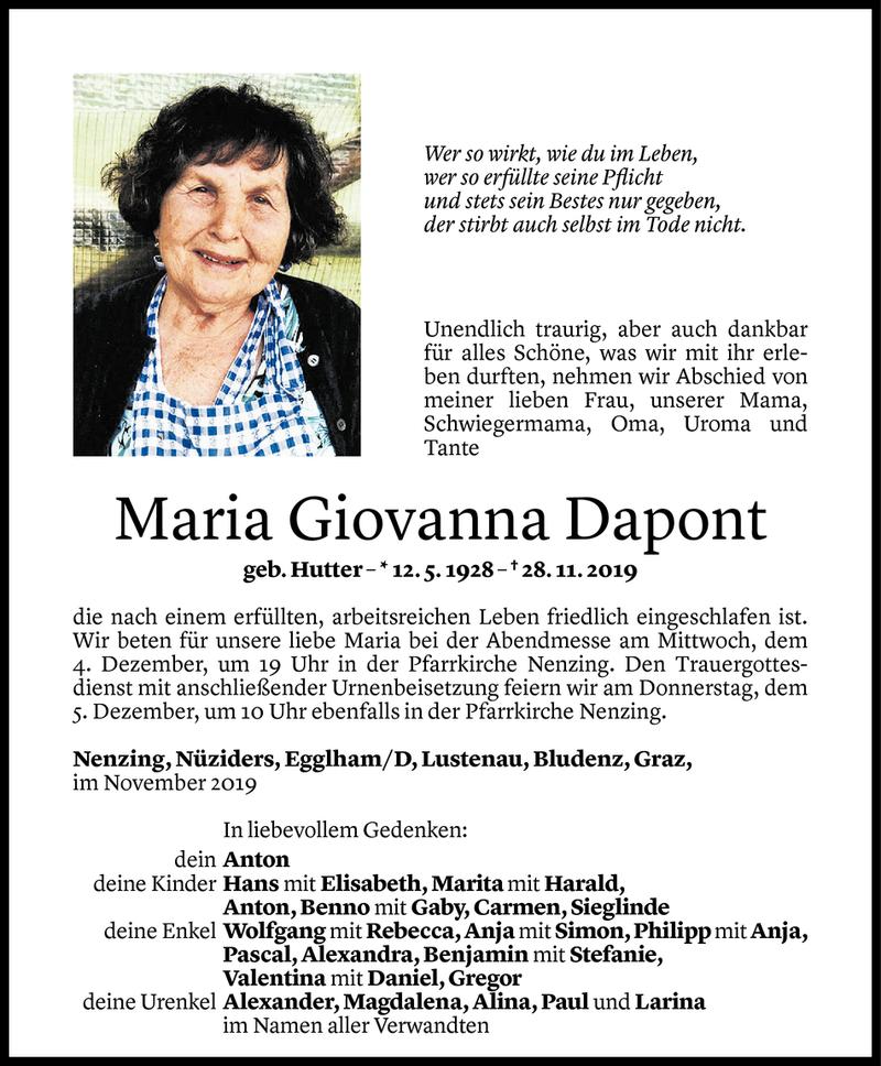  Todesanzeige für Maria Giovanna Dapont vom 30.11.2019 aus Vorarlberger Nachrichten