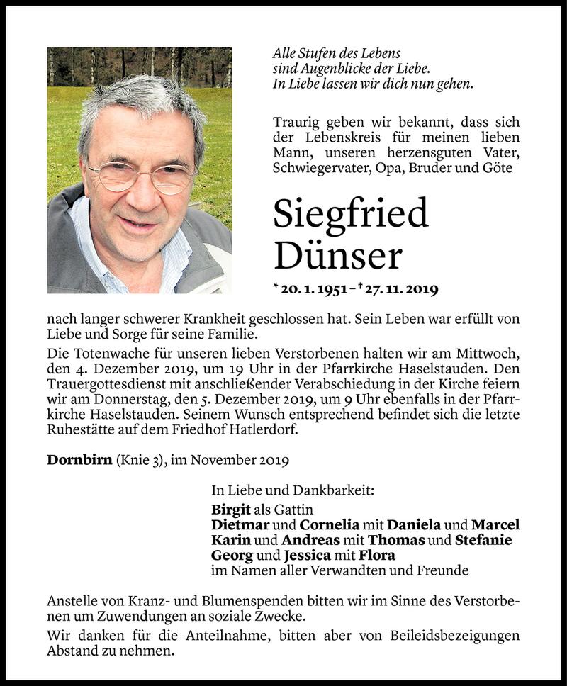  Todesanzeige für Siegfried Dünser vom 29.11.2019 aus Vorarlberger Nachrichten