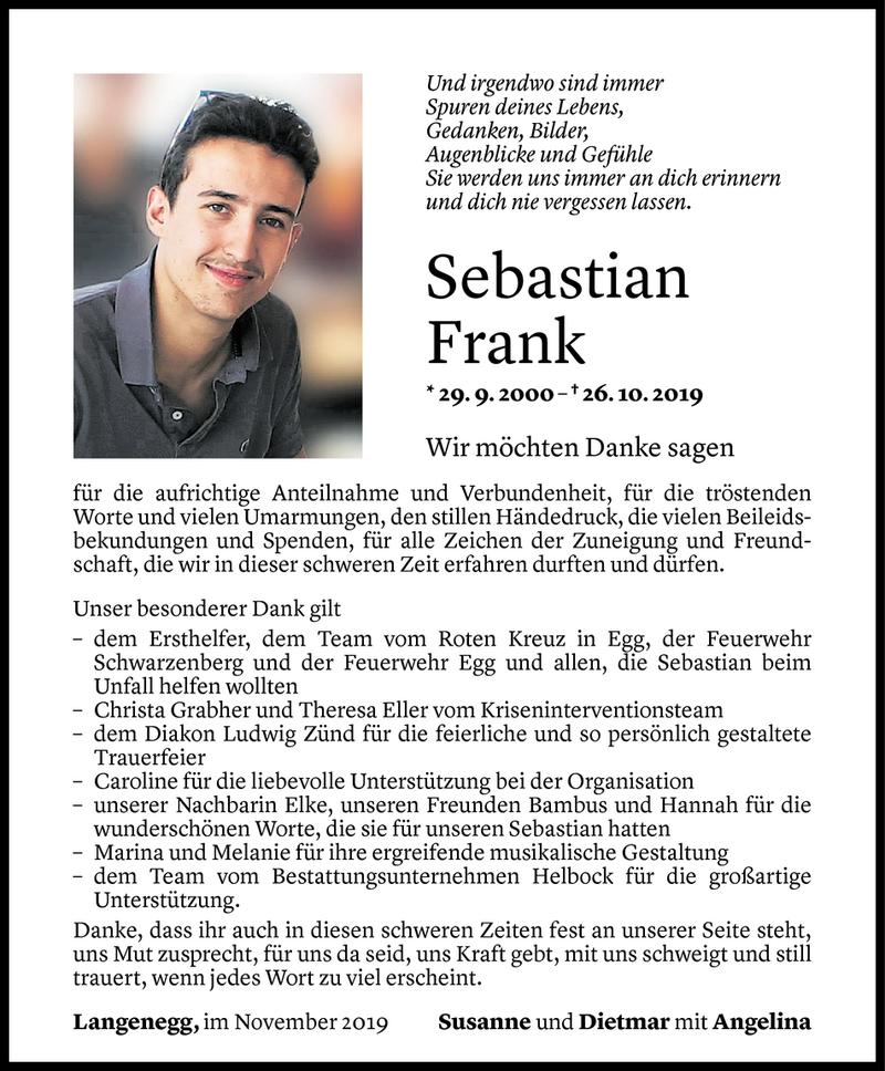 Todesanzeige für Sebastian Frank vom 29.11.2019 aus Vorarlberger Nachrichten