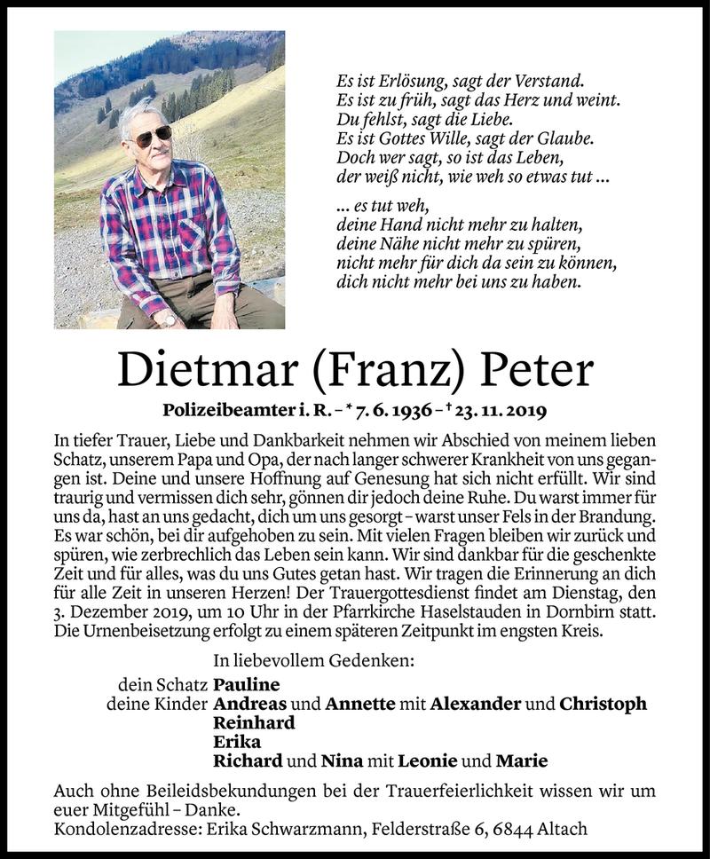  Todesanzeige für Dietmar Peter vom 29.11.2019 aus Vorarlberger Nachrichten