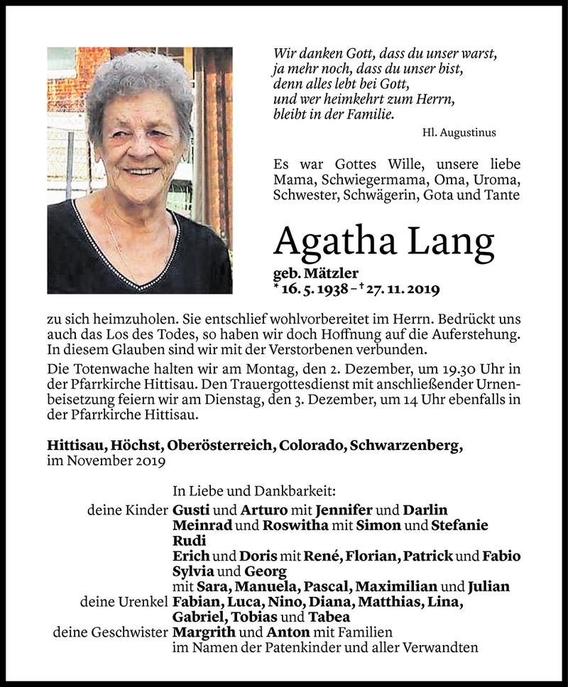  Todesanzeige für Agatha Lang vom 29.11.2019 aus Vorarlberger Nachrichten