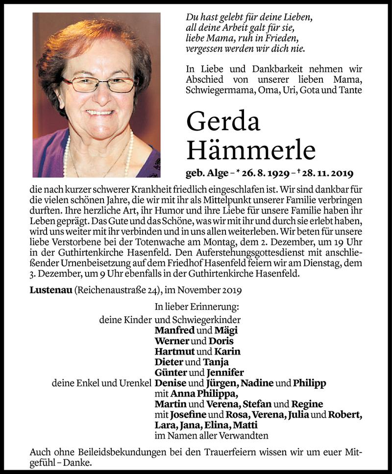  Todesanzeige für Gerda Hämmerle vom 29.11.2019 aus Vorarlberger Nachrichten