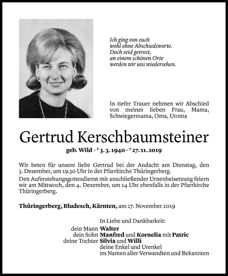  Todesanzeige für Gertrud Kerschbaumsteiner vom 29.11.2019 aus Vorarlberger Nachrichten