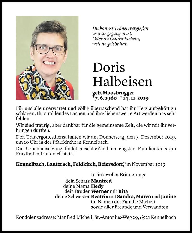  Todesanzeige für Doris Halbeisen vom 02.12.2019 aus Vorarlberger Nachrichten