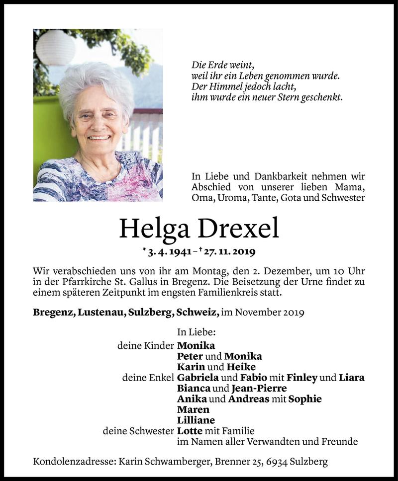  Todesanzeige für Helga Drexel vom 30.11.2019 aus Vorarlberger Nachrichten