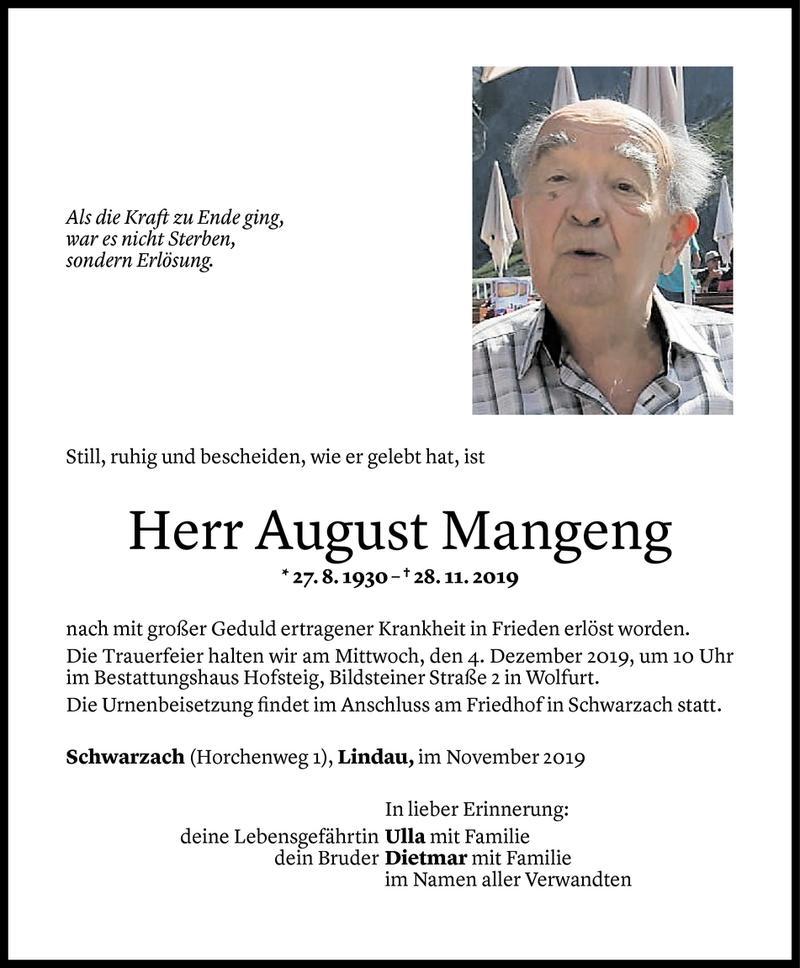  Todesanzeige für August Mangeng vom 01.12.2019 aus Vorarlberger Nachrichten