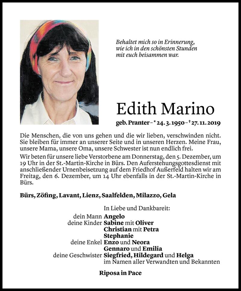  Todesanzeige für Edith Marino vom 03.12.2019 aus Vorarlberger Nachrichten