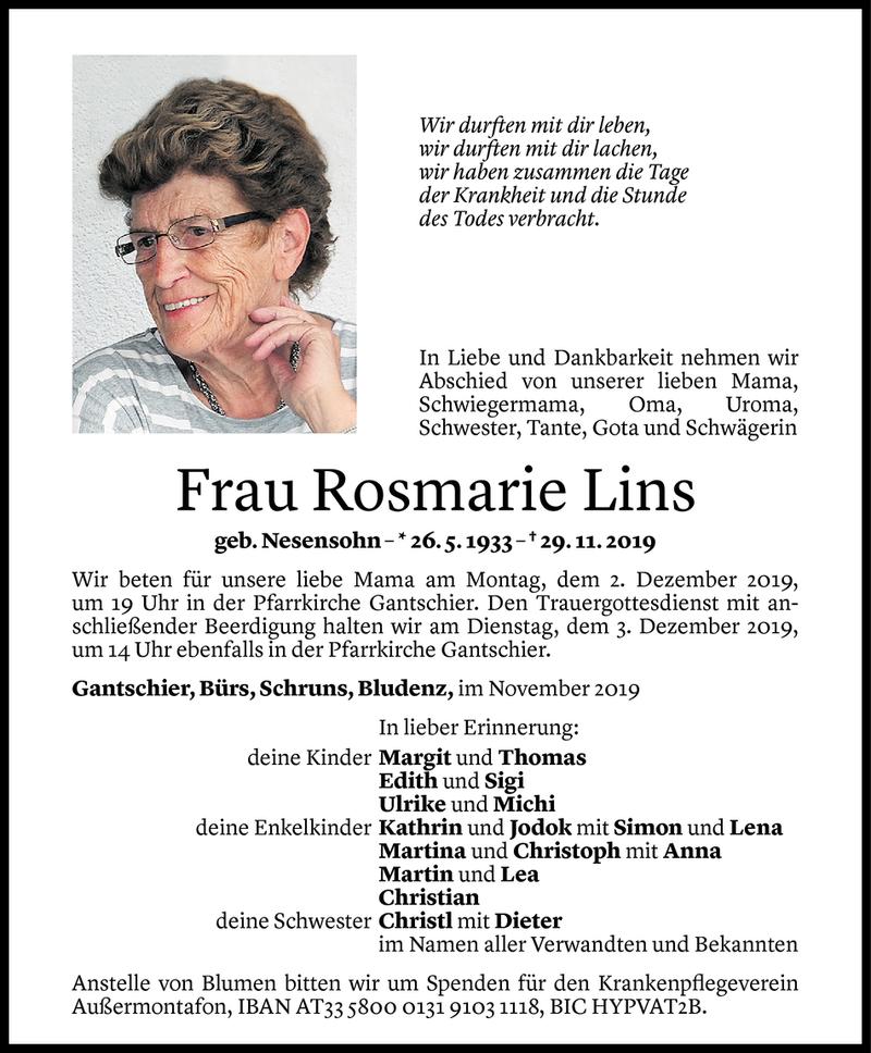  Todesanzeige für Rosmarie Lins vom 01.12.2019 aus Vorarlberger Nachrichten