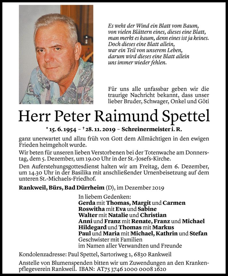  Todesanzeige für Peter Raimund Spettel vom 03.12.2019 aus Vorarlberger Nachrichten