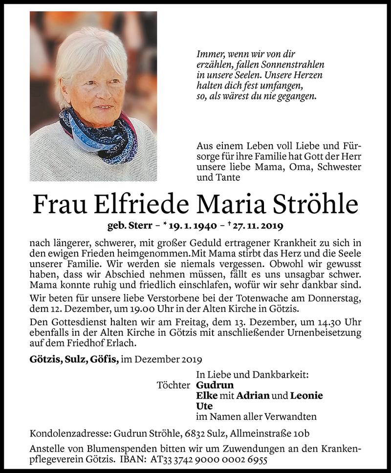  Todesanzeige für Elfriede Maria Ströhle vom 09.12.2019 aus Vorarlberger Nachrichten