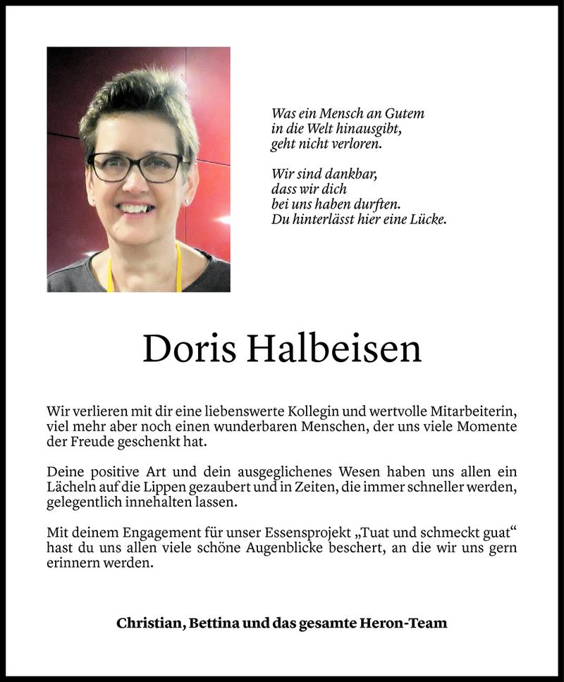  Todesanzeige für Doris Halbeisen vom 02.12.2019 aus Vorarlberger Nachrichten