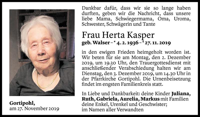  Todesanzeige für Herta Kasper vom 02.12.2019 aus Vorarlberger Nachrichten