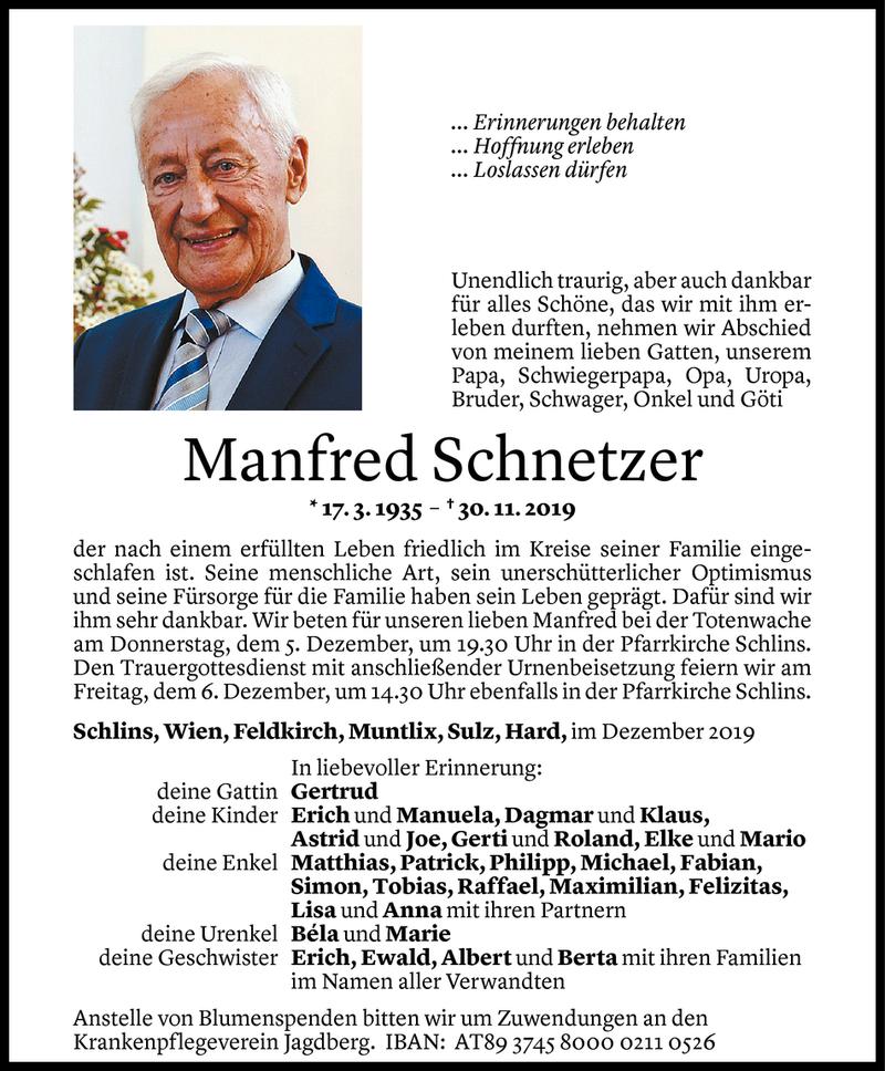  Todesanzeige für Manfred Schnetzer vom 03.12.2019 aus Vorarlberger Nachrichten