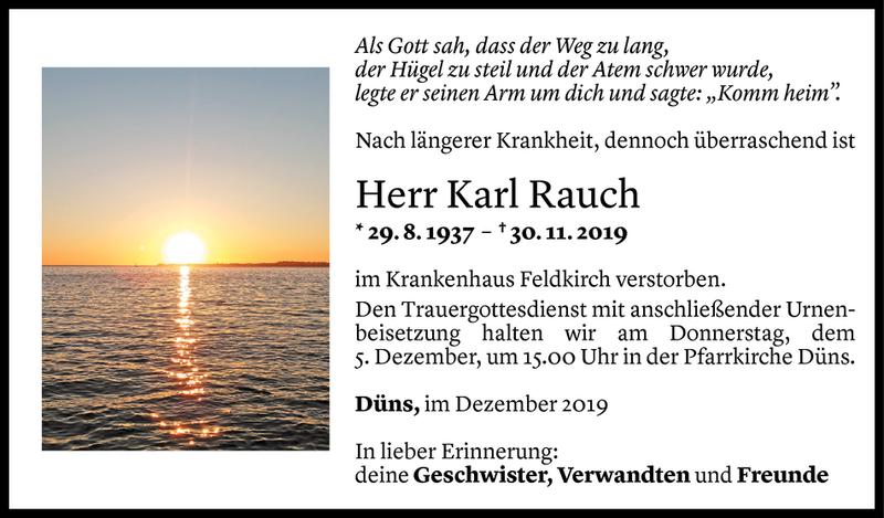  Todesanzeige für Karl Rauch vom 03.12.2019 aus Vorarlberger Nachrichten