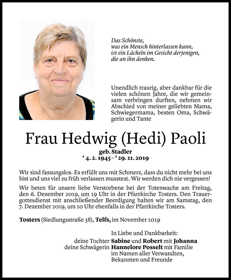  Todesanzeige für Hedwig Paoli vom 03.12.2019 aus Vorarlberger Nachrichten