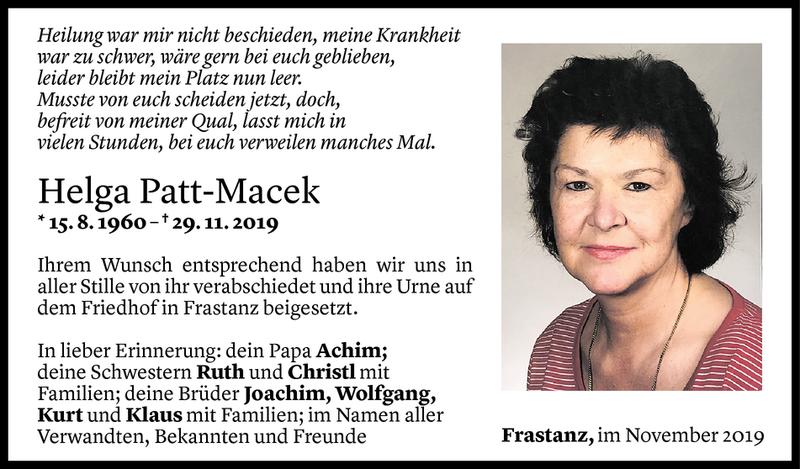  Todesanzeige für Helga Patt-Macek vom 05.12.2019 aus Vorarlberger Nachrichten