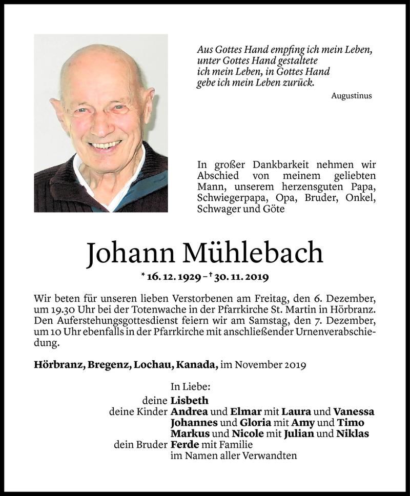  Todesanzeige für Johann Mühlebach vom 03.12.2019 aus Vorarlberger Nachrichten