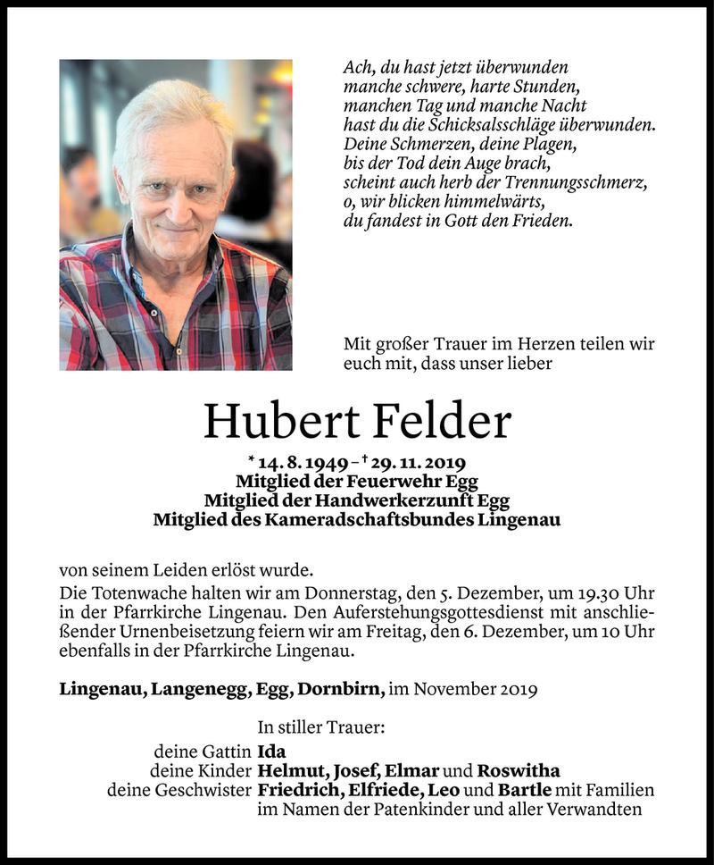  Todesanzeige für Hubert Felder vom 03.12.2019 aus Vorarlberger Nachrichten